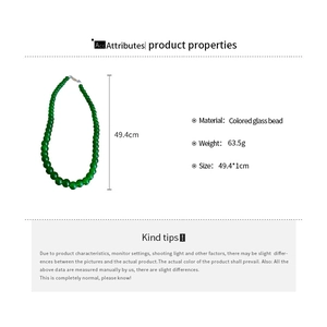 Detail specifications of green beaded necklace with 63.5g weight and 49.4cm length