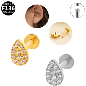 Detail view of water-drop F136 titanium earrings with sparkling zircon inlay