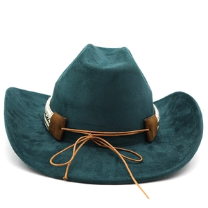 Classic dark green faux suede western cowboy hat with ethnic jacquard band decoration