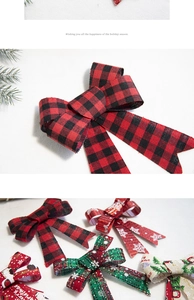 Macro detail of Christmas tree bows with red plaid and snowflake patterns for DIY decor