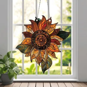 Detail view of stained glass sunflower suncatcher with intricate metal lead lines