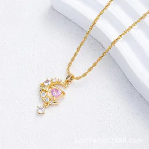 Titanium Steel Pink Zirconia Heart Moon Pendant Necklace Light Luxury Sweet Planet Star Inlaid Clavicle Chain For Women Jewelry