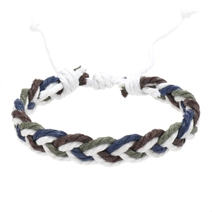 Detailed view of handmade multi-color woven cotton rope bracelet with adjustable drawstring