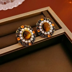 Vintage Alloy Earrings With Silver Earring Post Tiger Eye Stone Imitation Artificial Pearl Rhinestone Retro Baroque Palace Style