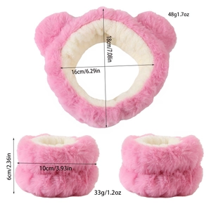 Pink coral fleece headband and wristband set with measurements and product weight