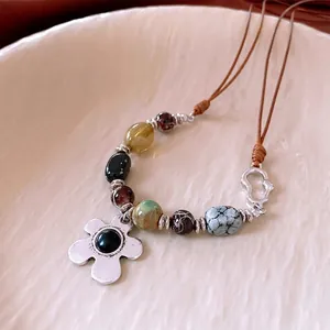 Vintage resin beaded flower necklace with adjustable drawstring cord for women