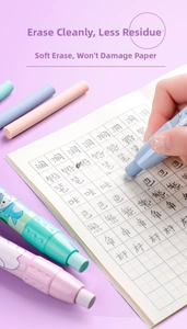 Detail of retractable eraser pen in macaron colors cleaning lead marks on paper