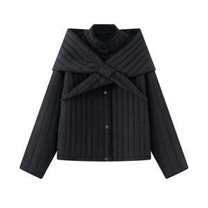 Women's black quilted cropped jacket with unique oversized bow collar and button front