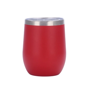 Detail of red 12oz stainless steel wine tumbler with clear lid on white background
