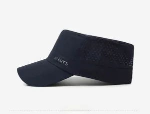 Side view of dark blue breathable mesh sun hat with Sports text and flat top detail