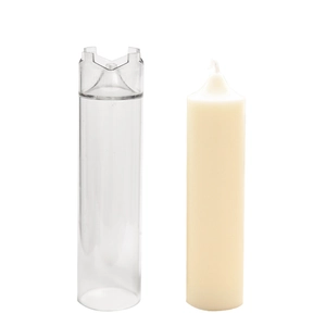 Cylindrical church top candle mold with finished ivory pillar candle on white background