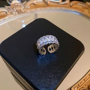 Luxury Open Ring For Women With Rectangle And Round Zircon Inlay Elegant Adjustable Copper Finger Jewelry Silver Color