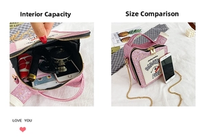 Pink sequin oil can bag showing interior capacity for phone and makeup and actual size