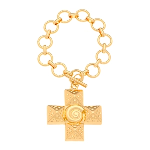 Gold metal bracelet featuring a textured cross pendant with spiral design and T-bar clasp