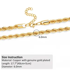 Close-up of 6mm golden twist rope chain necklace with lobster clasp and size details