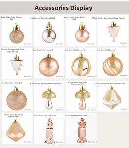 Detailed view of rose gold Christmas ornaments set featuring matte and glitter finishes