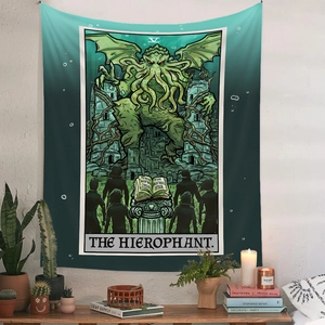 Bohemian The Hierophant Tarot wall tapestry in emerald green for mystery room decor