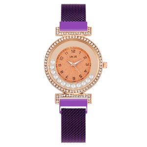 Fashion women quartz watch with purple Milanese mesh magnetic band and rhinestone bezel