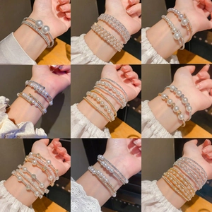 French Style Multi Layer Artificial Pearl Rhinestone Open Cuff Bracelet For Women Elegant Luxury Wedding Party Jewelry Accessory