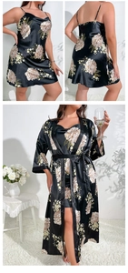 Detail of plus size floral black satin sleepwear set featuring nightgown and robe