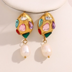 Orecchini Pendenti Con Künstliche Perle Barocche Acciaio Inossidabile Placcato Oro 18K Con Zircone Colorato Per Donna