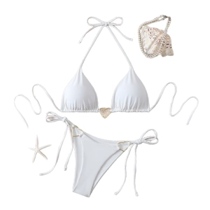 White two-piece triangle bikini with gold heart ornaments and side-tie bottoms