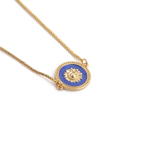 Golden sun pendant necklace with blue enamel on a box chain for women fashion