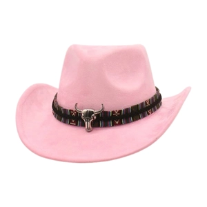 Detailed view of a pink wide-brimmed cowboy hat with a metallic bull head ornament