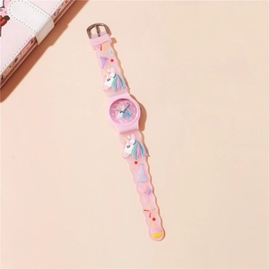 Pink unicorn quartz kids watch with colorful 3D silicone strap and analog dial for girls