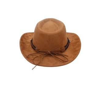 Brown wide-brim cowboy hat with suede texture and leather studded band detailing