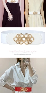 Detailed close-up of a wide elastic waist belt with gold hollow interlocking ring buckle
