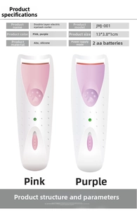 Detailed specifications of the electric eyelash curler showing dimensions and materials