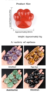 Detailed size map and scale showing carved crystal cat paw ornaments in various gemstones