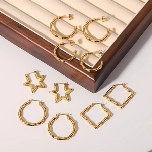 18k gold plated stainless steel hoop earrings set with irregular bamboo and star designs