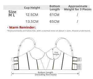 Detailed size chart showing cup height and band length for velvet push-up bras