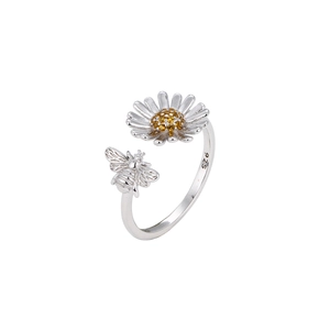 S925 sterling silver open ring featuring sunflower and bee motifs with yellow zircons