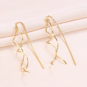 Elegant gold S925 silver long drop earrings with spiral line and geometric metal bar