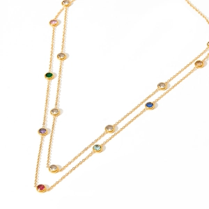 Minimalist double-layer gold necklace with multi-color cubic zirconia pendant