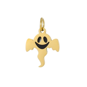 Detailed close-up of a cute cartoon ghost charm pendant in polished gold metal