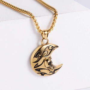 Retro Punk Gothic Moon Crescent Pendant Necklace 316 Stainless Steel Skull Flame Distressed Jewelry For Men Women