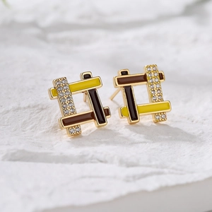 18K gold plated square geometric earrings with yellow enamel and sparkling zircon stones