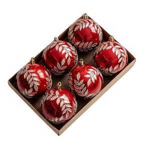 Lot de 6 boules de Noël rouges avec motifs de feuilles argentées en boîte