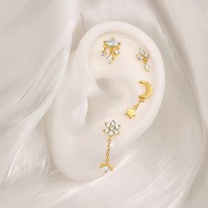 Detailed macro view of S925 silver gold-plated stud earrings with zircon on an ear model