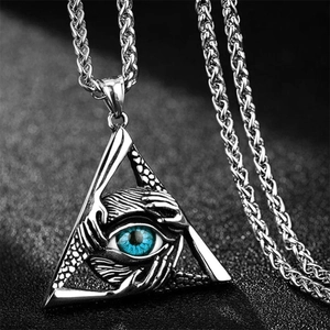 Vintage silver triangle evil eye pendant necklace for men with blue eye motif