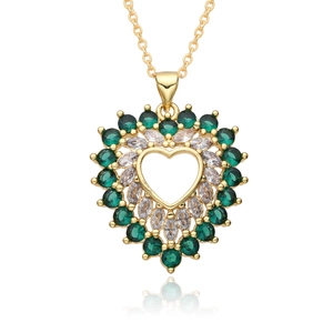 Gold hollow heart necklace with green gemstones and white marquise cubic zirconia