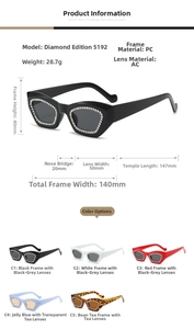 Detailed size specifications for rhinestone retro sunglasses showing PC frame measurements