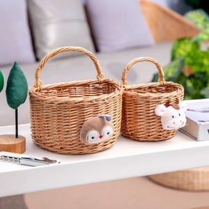 Set of 2 handmade wicker hanging baskets with cute owl and cow plush decor