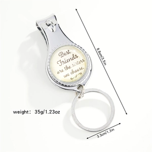 Silver nail clipper keychain with 'Best Friends' quote and clear size dimensions