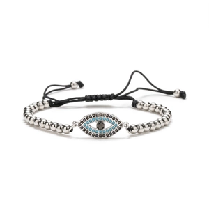 Silver evil eye bracelet with blue cubic zirconia and adjustable black woven cord