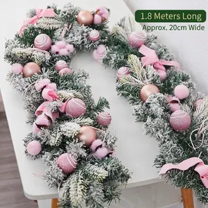 Guirlande de Noël rose de 1,8m avec flocage de neige, boules et rubans pour décoration intérieure